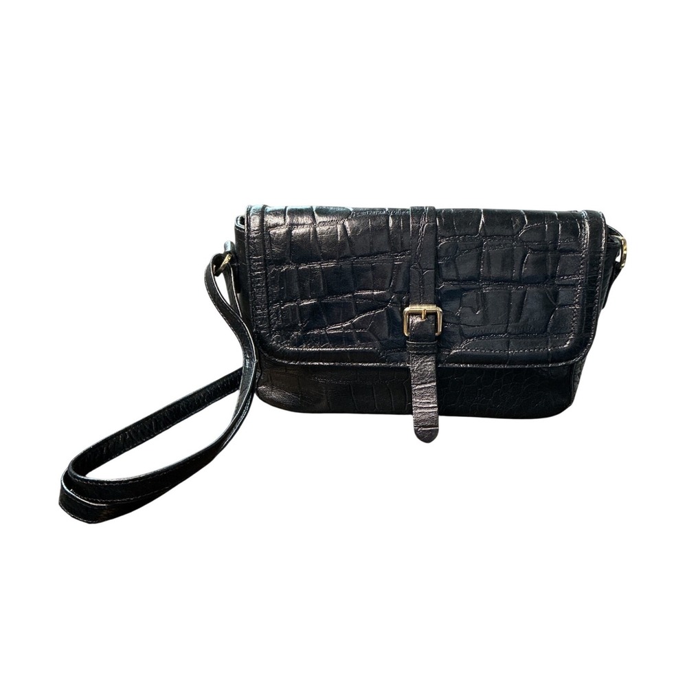 Ashwood Black Croc Embossed Genuine Leather Crossbody Bag Gold Buckle Flap‎